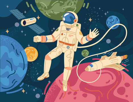 Spaceman scientific hero in astronaut in cosmos on background of color cartoon planets. Vector astronomy explorer in space suit and helmet, exploration of galaxy universe, spaceship craft and rocket