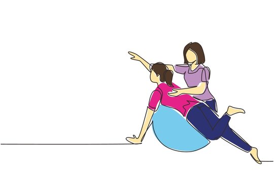 recommend clip art: Continuous one line drawing physiotherapy rehabilitation isometric composition with female patient lying on rubber ball with medical assistant. Healthcare. Single line draw design vector illustration
