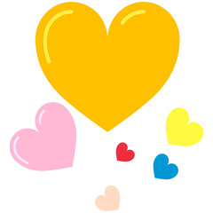 Multi-colored hearts, yellow, pink, orange, blue, hearts of various sizes arranged on a white background.