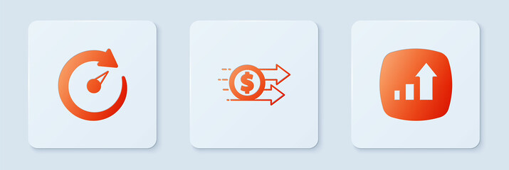 Set Financial growth dollar, Digital speed meter and . White square button. Vector