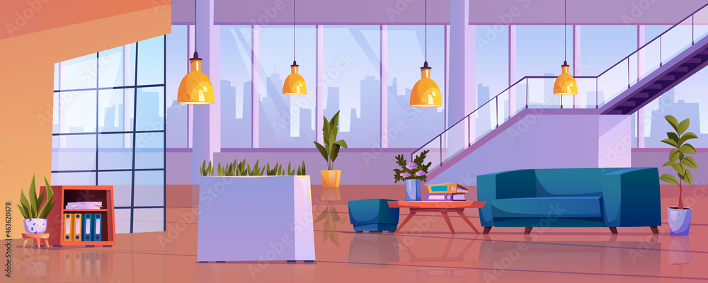 Poster Business center interior, empty office open space with public place for rest. Vector sofa and table with folders, waiting hall with panoramic windows, loft lamps and ladder upstairs, potted plants