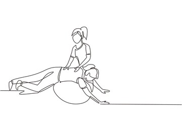Single one line drawing physiotherapy rehabilitation isometric composition with young woman patient lying on rubber ball with medical assistant. Continuous line draw design graphic vector illustration