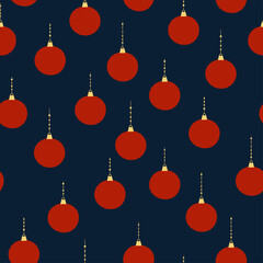 Seamless pattern of red Christmas balls on dark blue background. Background for winter festive design.