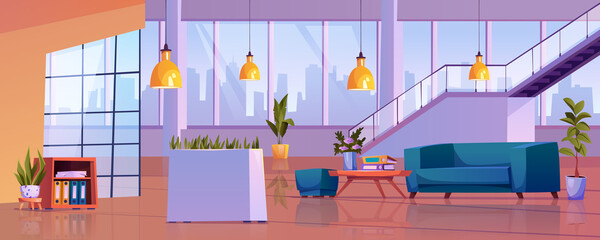 Business center interior, empty office open space with public place for rest. Vector sofa and table with folders, waiting hall with panoramic windows, loft lamps and ladder upstairs, potted plants © Sensvector