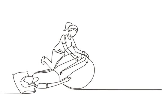 Continuous one line drawing physiotherapy rehabilitation isometric composition with female lying on mat, legs on rubber ball with medical assistant. Healthcare concept. Single line draw design vector