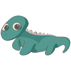 Illustration of a cute big-eyed green dinosaur walking happily on a white background.