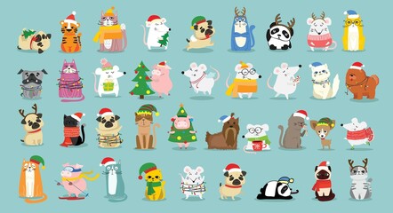 Christmas set of different animals and christmas symbol of the year tiger, rat, cat, dog with gifts and other