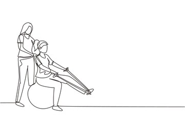 Single one line drawing physiotherapy rehabilitation isometric composition with medical specialist helping young woman patient to massage leg with rope. Continuous line draw design vector illustration
