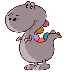 Cute gray dinosaur standing and smiling on white background.