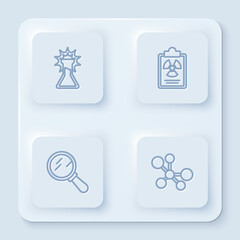 Set line Test tube and flask, Radiation warning document, Magnifying glass and Molecule. White square button. Vector
