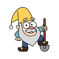 Cheerful little garden gnome, dwarf, oldman, gardener is holding a shovel in cartoon style. Colorful vector fairytale kids illustration, drawing character, mascot, sticker
