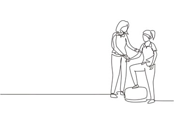 Single one line drawing woman therapist helping young female patient stepping up the stairs, medical rehabilitation, physical therapy activity. Continuous line draw design graphic vector illustration