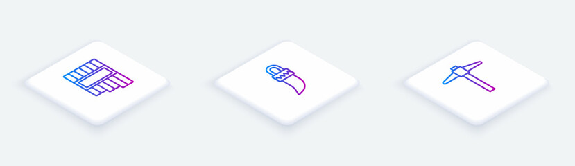 Set Isometric line Pan flute, Tooth and Pickaxe. White square button. Vector