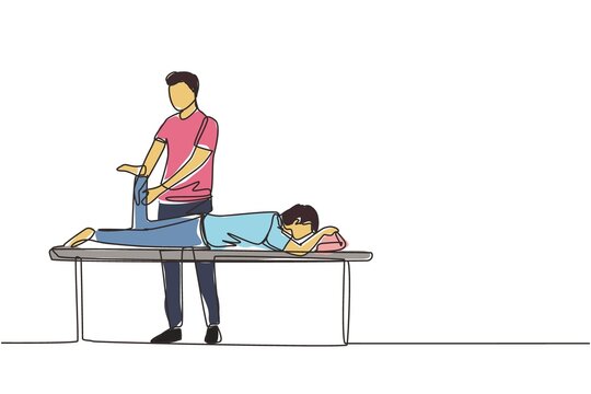 recommend clip art: Single continuous line drawing physiotherapy rehabilitation assistance. Man patient lying on massage table therapist doing healing treatment massaging injured foot. One line draw graphic design vector
