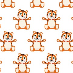 Vector seamless pattern with cute orange cartoon striped tigers smiling