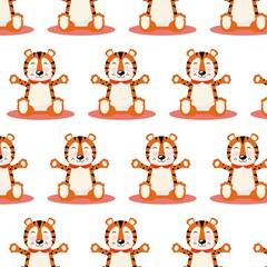 Vector seamless pattern with cute orange cartoon striped tigers smiling	