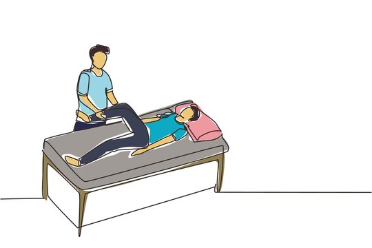 recommend clip art: Single continuous line drawing man lying on massage table professional masseur therapist doing healing treatment massaging patient treating knee manual physical therapy. one line draw design vector
