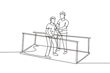 Continuous one line drawing isometric doctor physiotherapist helping male patient using leg prosthesis to take first step. physical therapy of people with disabilities. Single line draw design vector