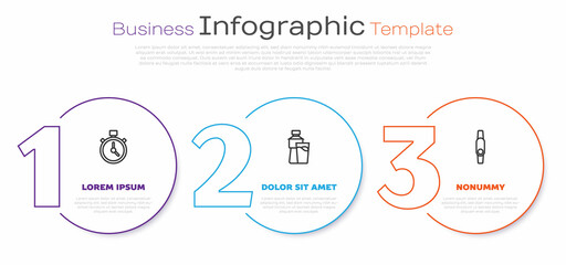 Set line Stopwatch, Bottle of water with glass and Smartwatch. Business infographic template. Vector
