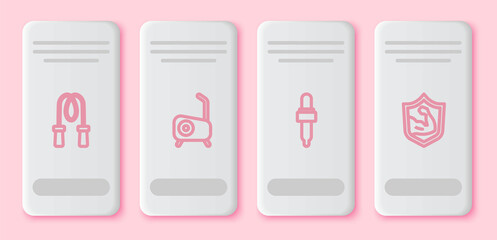 Set line Jump rope, Stationary bicycle, Pipette with oil and Bodybuilder muscle. White rectangle button. Vector