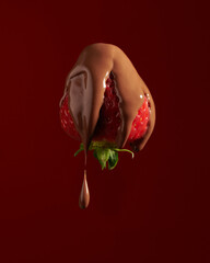 Strawberry flying with chocolate dipped and dripping on plain maroon background isolated