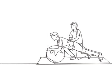 Fototapeta na wymiar Continuous one line drawing physiotherapist or rehabilitologist doctor rehabilitates man patient. Male doing exercises on fitball. Physiotherapy rehab, injury recovery. Single line draw design vector