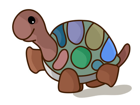 A photo of a light brown tortoise sitting and smiling with its colorful shells on a white background.