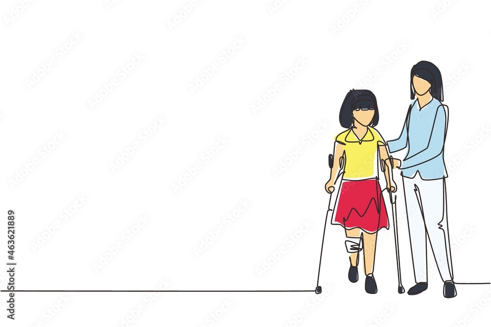 Aufkleber single continuous line drawing little girl patient learn walking using crutches with help of doctor 