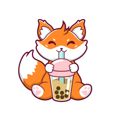 Illustration of fox drinking boba vector desig 