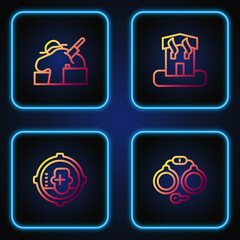 Set line Handcuffs, Headshot, Murder and Arson home. Gradient color icons. Vector