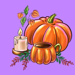 Sketch with pumpkin, cup, candles, sprigs of barberry, physalis and corn. Can be used for postcards, banners, congratulations. Digital illustration.