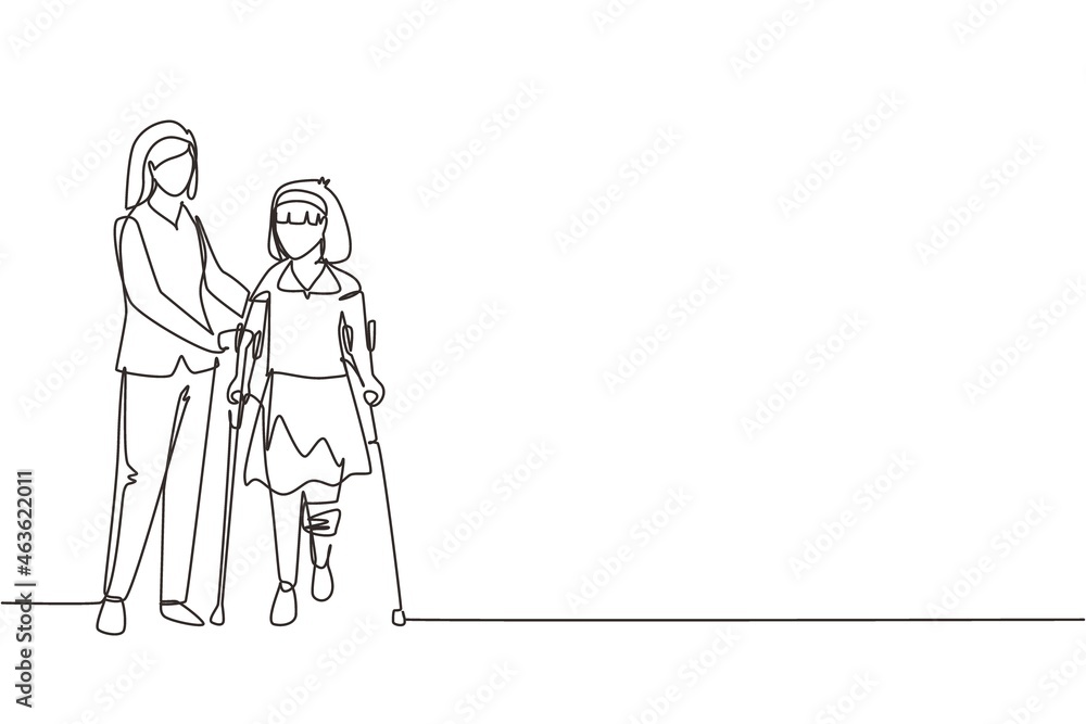 Aufkleber single continuous line drawing little girl patient learn walking using crutches with help of doctor 