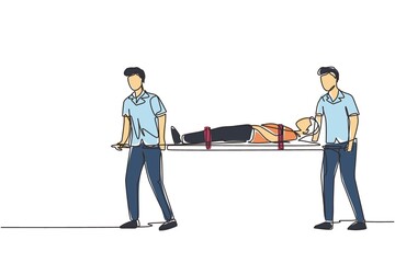 Single one line drawing ambulance emergency medical service. staff is carrying patient in stretcher. Emergency doctor carrying man on stretcher. Continuous line draw design graphic vector illustration