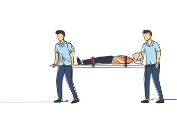 Single one line drawing ambulance emergency medical service. staff is carrying patient in stretcher. Emergency doctor carrying man on stretcher. Continuous line draw design graphic vector illustration © Simple Line
