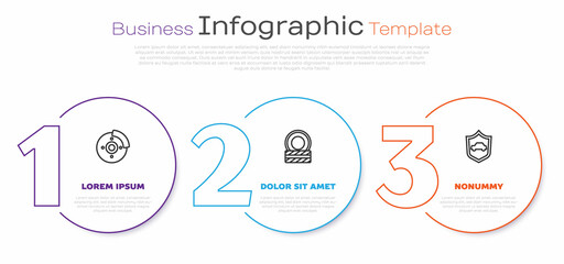Set line Car brake disk with caliper, tire wheel and shield. Business infographic template. Vector