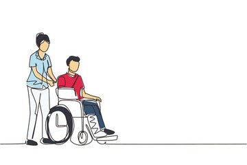 Continuous one line drawing disabled male with broken hand, leg riding wheelchair with nurse assistance. Man patient in traumatology hospital. Disability. Single line draw design vector illustration