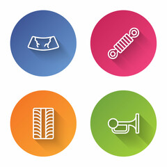 Set line Broken windshield, Shock absorber, Car tire wheel and Signal horn on vehicle. Color circle button. Vector