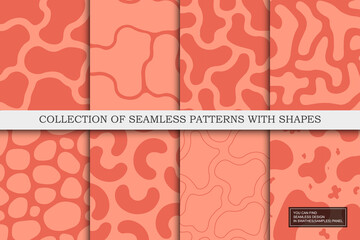 Collection of red seamless patterns with abstract shapes. Creative vector backgrounds. Drawing trendy endless textures. You can find repeatable design in swatches panel
