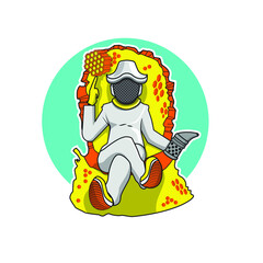 Illustration of bee keeper sitting on the throne of the honey comp