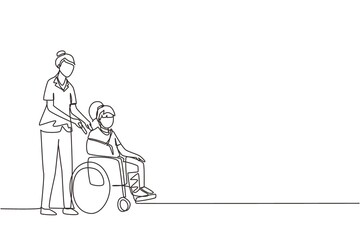 Single continuous line drawing paramedic help disabled little girl in wheelchair in transportation. Spend time together with fun, equal opportunities. Volunteer assistance. One line draw design vector