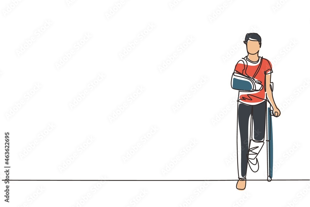 Poster continuous one line drawing sad and happy man with broken arm and leg in cast with crutch and fixing