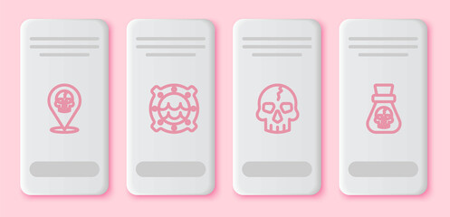 Set line Location pirate, Ship porthole with seascape, Skull and Pirate coin. White rectangle button. Vector