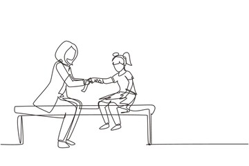Single one line drawing little kid on consultation with orthopedic doctor. Children's doctor works with little girl. Orthopedist bandages girl's hand. Continuous line draw design vector illustration