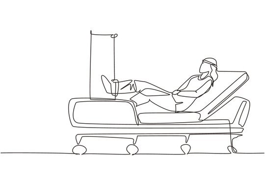 recommend clip art: Single continuous line drawing woman patient with broken leg lying in hospital. Hospitalization of patient. Sick person is in bed. The leg is bandaged and fixed with cast. One line draw design vector