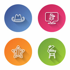 Set line Western cowboy hat, Eagle, USA Independence day and Barbecue grill. Color circle button. Vector