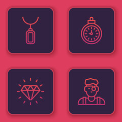 Set line Pendant on necklace, Diamond, Pocket watch and Jeweler man. Blue square button. Vector