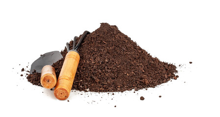 Soil and garden tools isolated on a white background