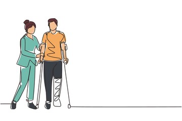 Single one line drawing rehabilitation center. Young man patient learning to walk using crutches with help of doctor. Physiotherapy treatment of people with injury. Continuous line draw design vector - obrazy, fototapety, plakaty