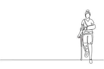 Fototapeta na wymiar Single continuous line drawing injured woman having head bandage, broken ankle, wrist cast walking with crutch, and medical plaster on leg and arm. One line draw graphic design vector illustration