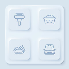 Set line Garment steamer, Basin with soap suds, Towel stack and shirt. White square button. Vector